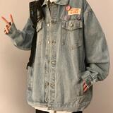 2025秋冬新款美式开衫翻领牛仔夹克女复古宽松长袖设计感外套，女装短外套，星座1015-1