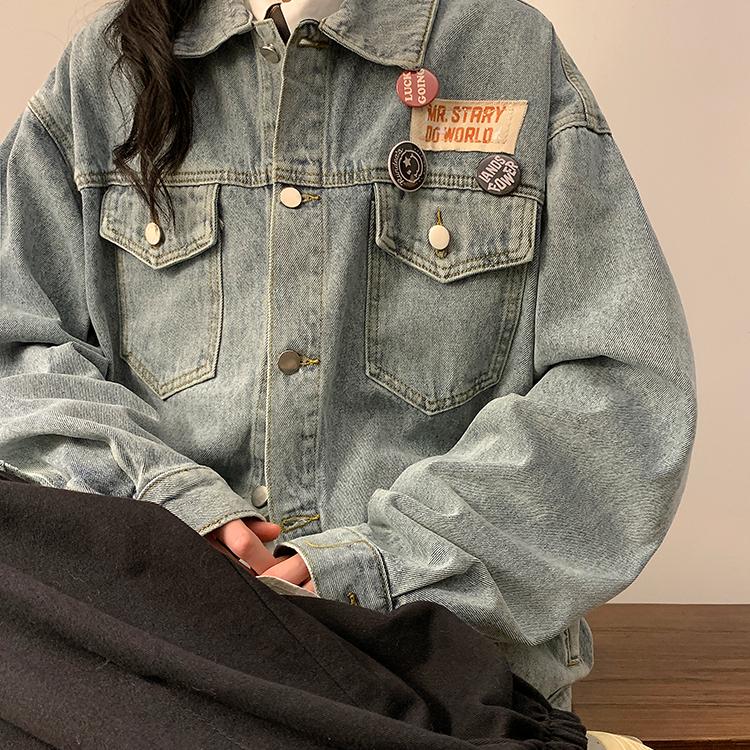 2025秋冬新款美式开衫翻领牛仔夹克女复古宽松长袖设计感外套,女装短外套,星座1015-1