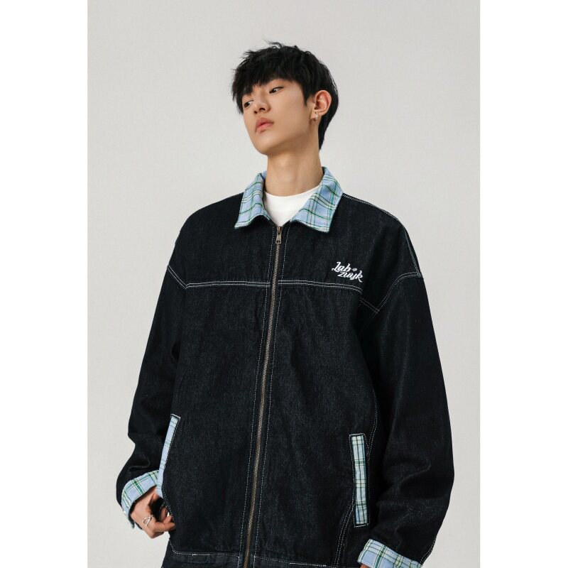 水洗牛仔外套cleanfit刺绣格子宽松大码夹克男JK33666特P68控108,男装夹克,星座1015-1