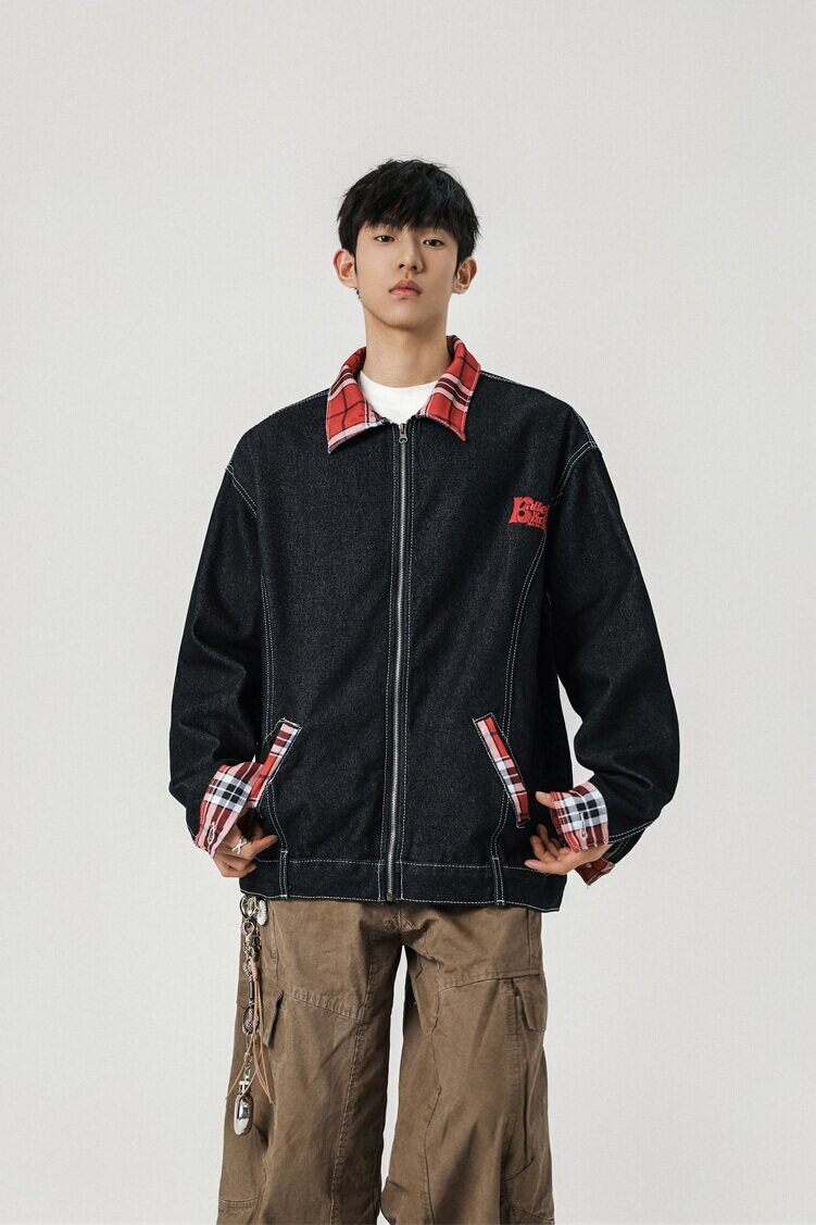 复古刺绣水洗牛仔撞色格子外套宽松夹克男XZ1015-1-JK33655-P70,男装夹克,星座1015-1