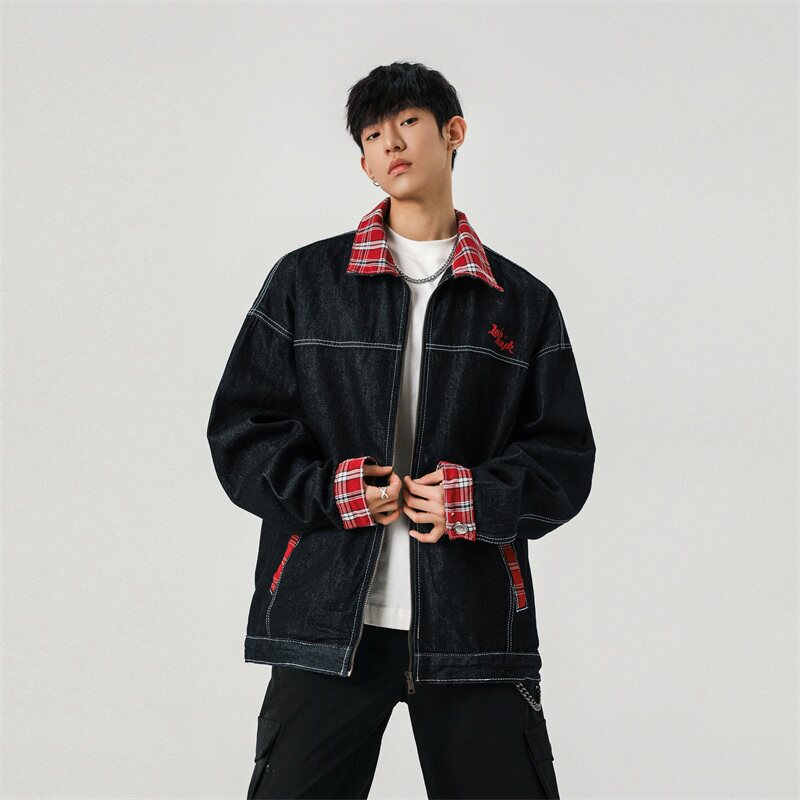 水洗牛仔外套cleanfit刺绣格子宽松大码夹克男JK33666特P68控108,男装夹克,星座1015-1