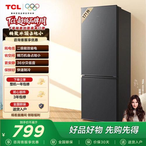TCL 171升双门养鲜小冰箱节能省电