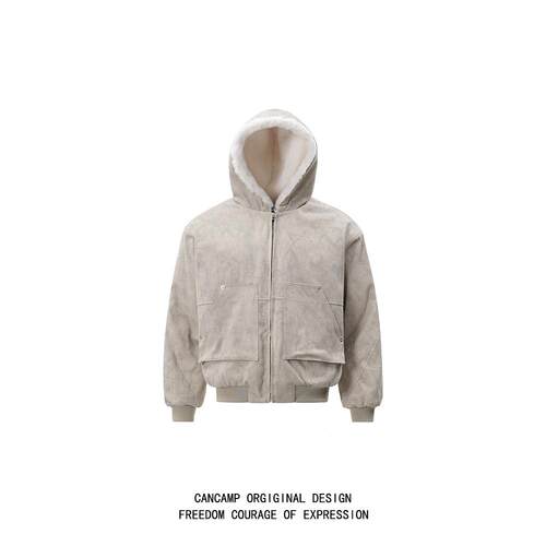 大理石座山雕加绒连帽棉服