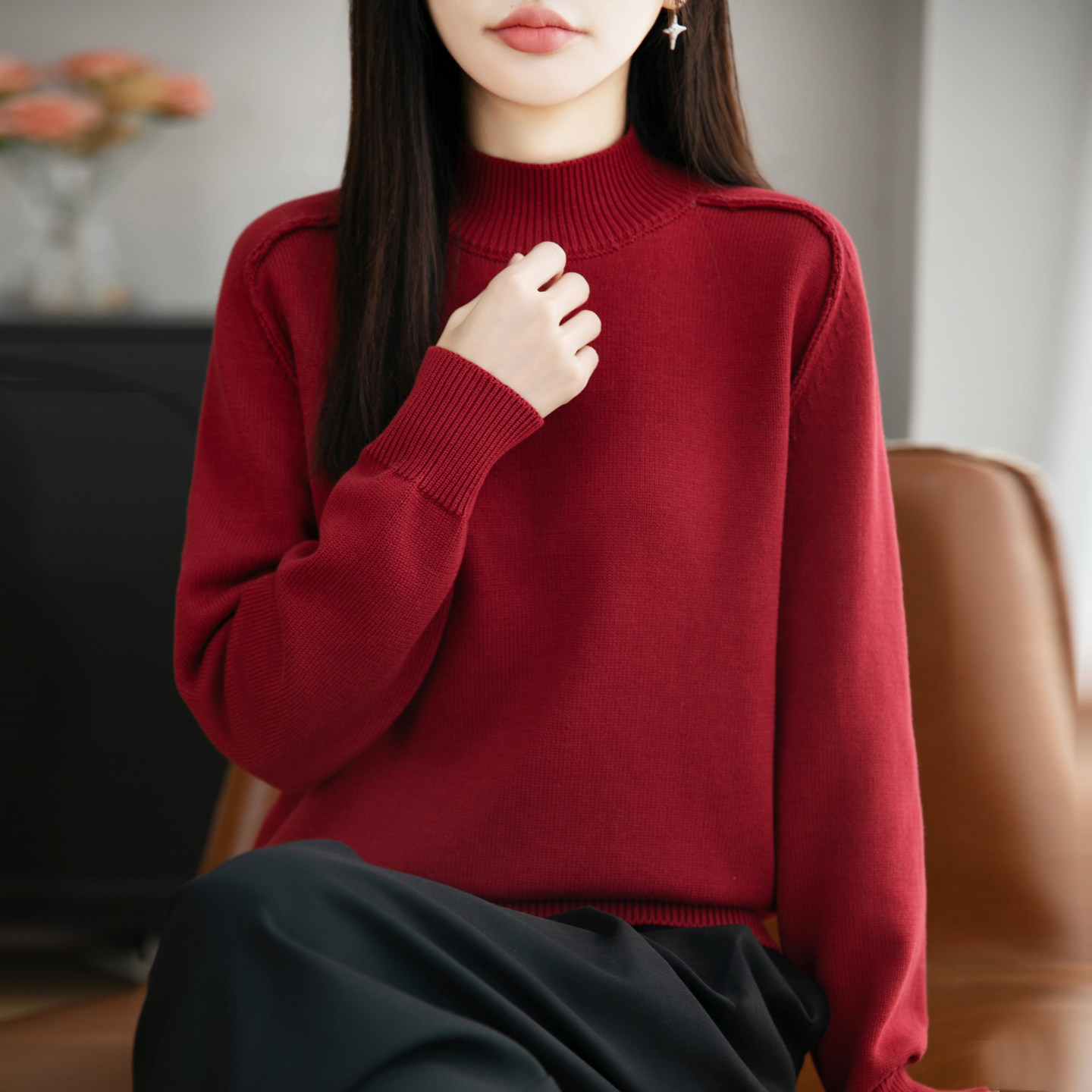 冬季100%纯棉线女半高领加厚衫