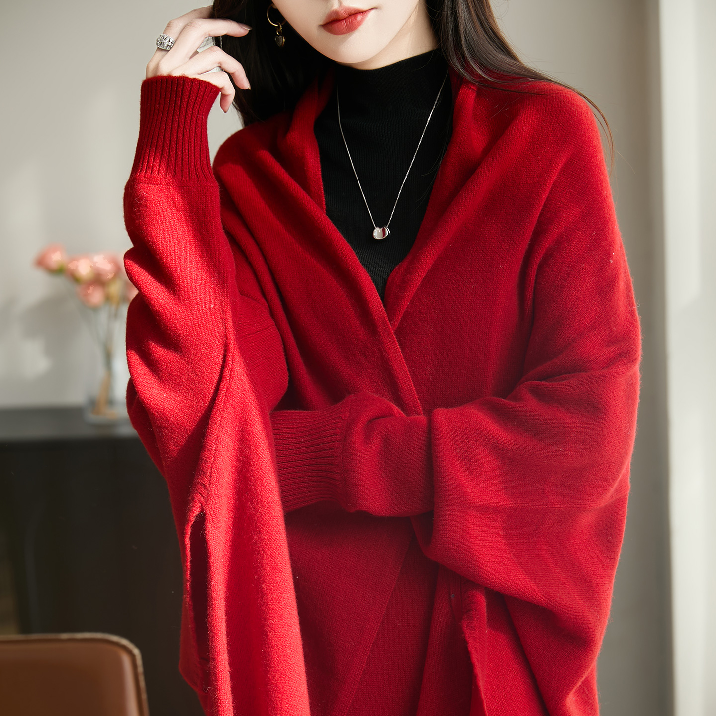 慵懒风流苏大披肩红色羊毛斗篷