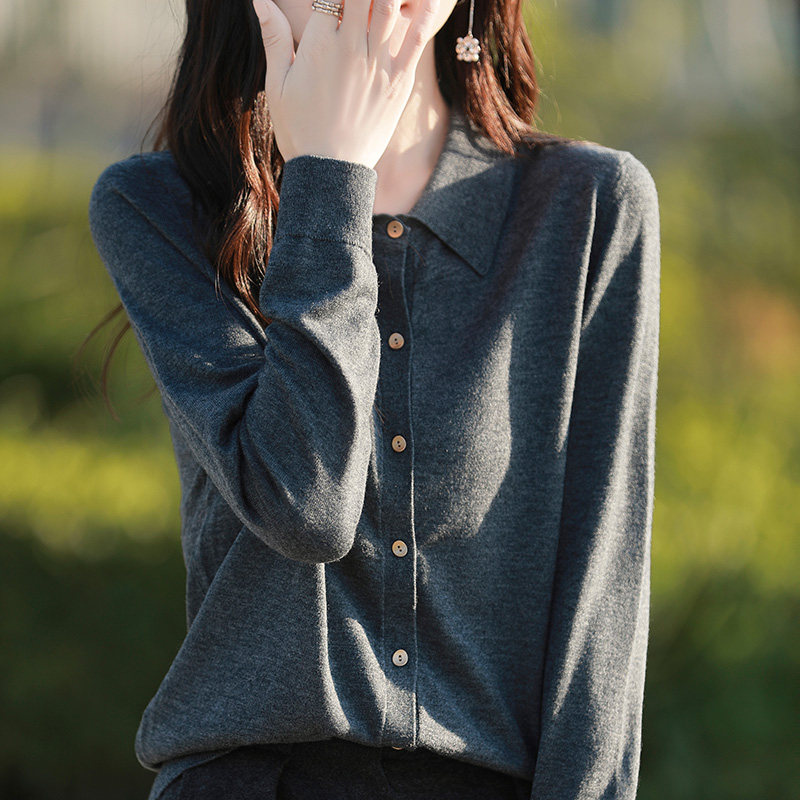 精纺羊毛POLO领针织衫女开衫薄款毛衣外套秋冬新衬衫领翻领打底衫