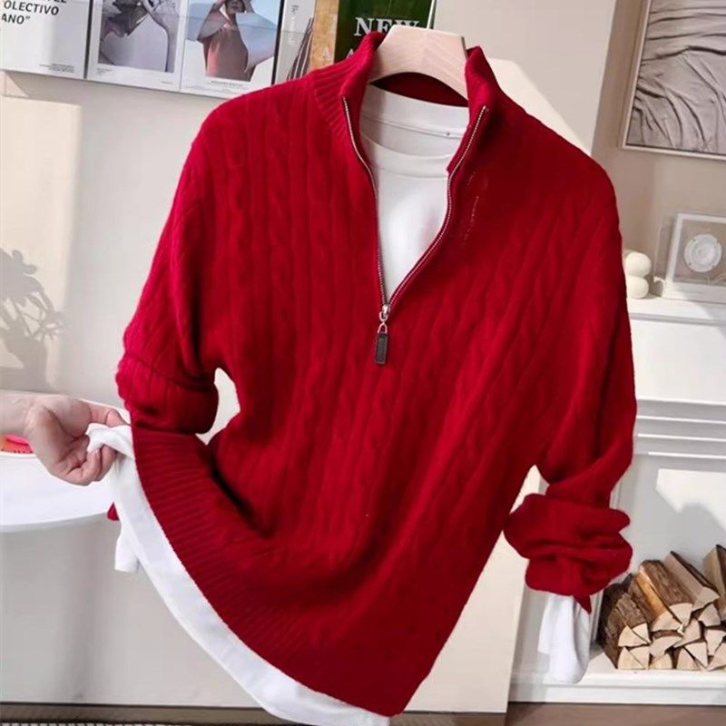 纯羊毛女麻花拉链半高领毛衣秋冬新款外穿针织衫长袖上衣内搭