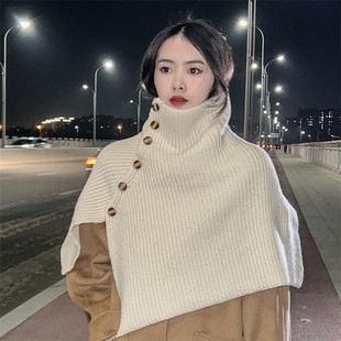 高端100%羊毛披肩女外搭假领高领毛衣秋冬厚女士套头针织围脖斗篷