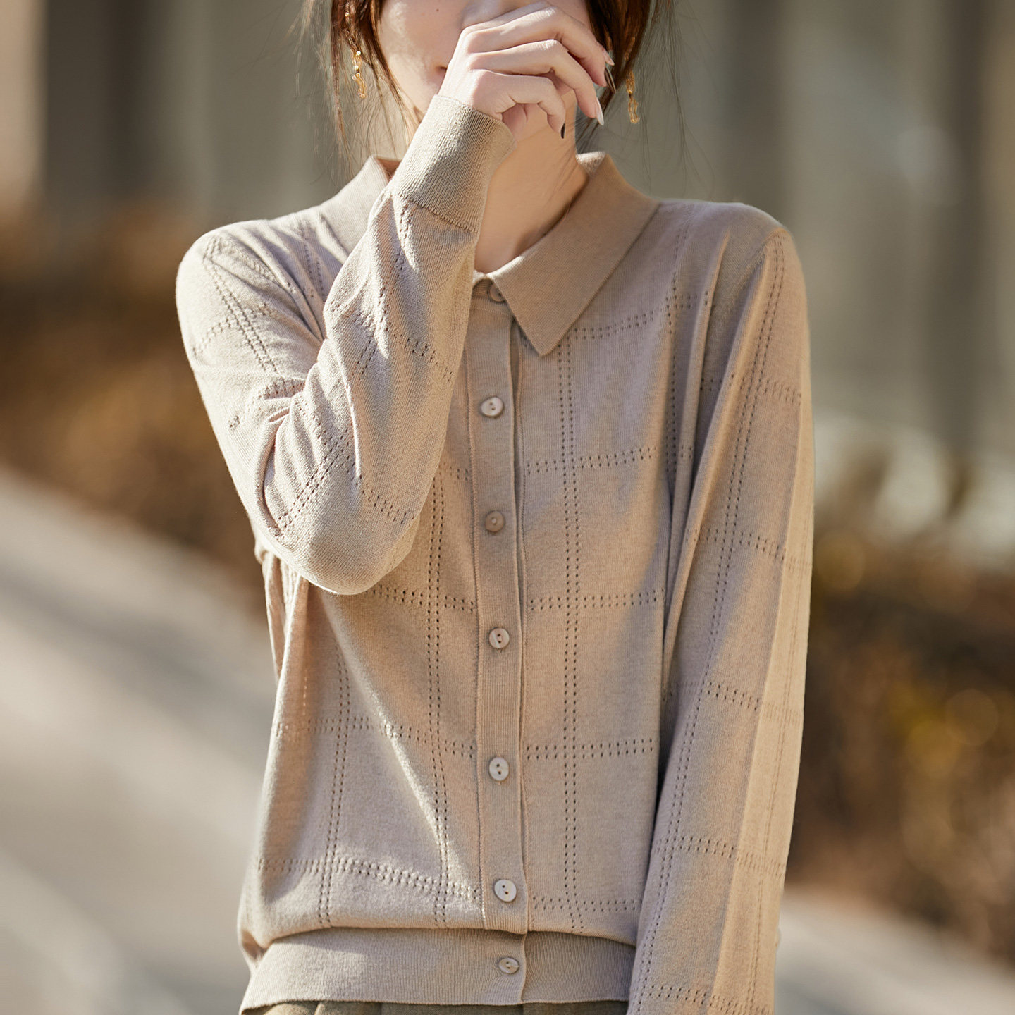 春秋POLO翻领精纺羊毛开衫女