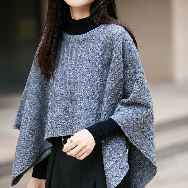 100%羊毛圆领针织大披肩女冬外搭