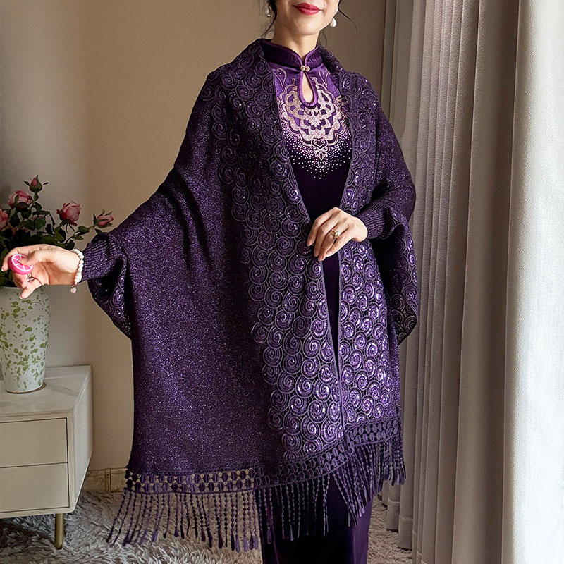 2025刺绣妈妈紫色旗袍披肩外搭斗篷礼服外套高档针织流苏长袖女秋