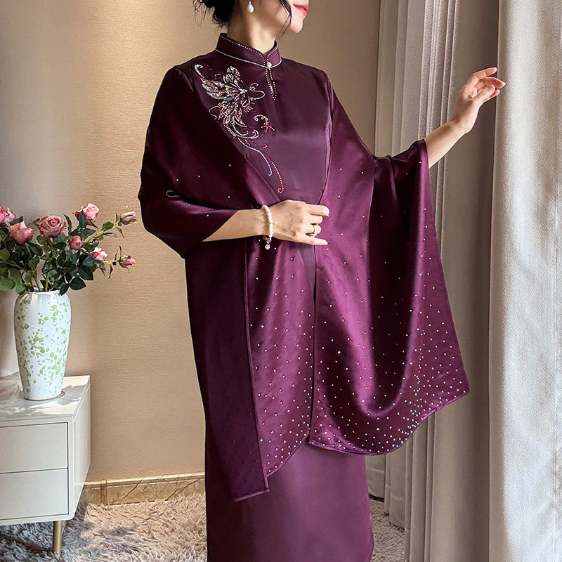 紫红色披肩外搭喜婆婆妈妈婚宴搭配旗袍连衣裙礼服高端醋酸缎面薄