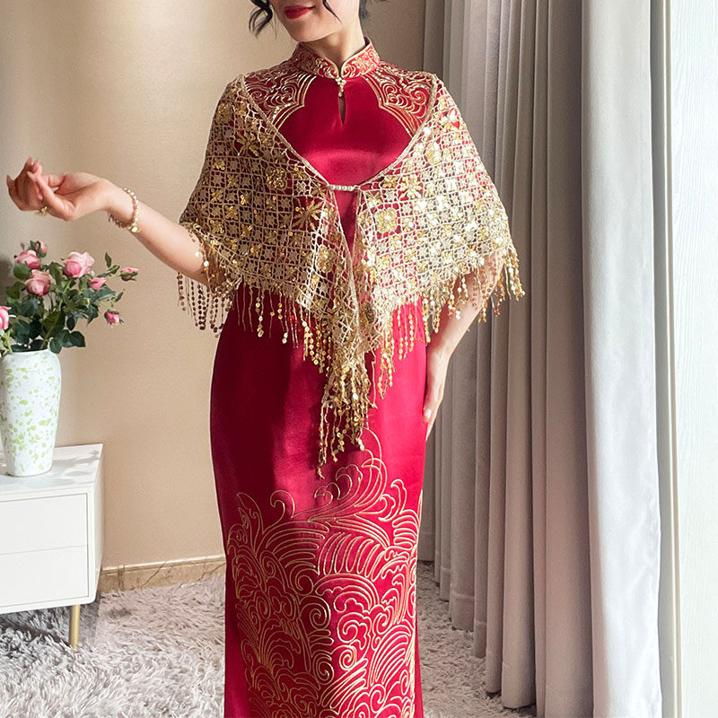 2025年春新款妈妈婚礼旗袍披肩三角巾流苏礼服外搭高端夏金色亮片