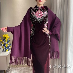 冬季紫色披肩搭配旗袍礼服婚礼喜妈妈婆婆中老年披风外搭外套厚款