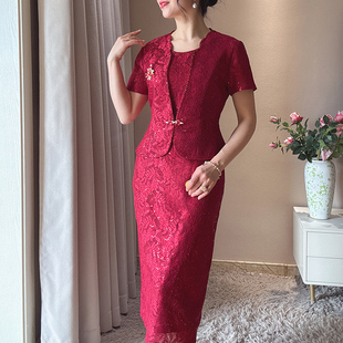 大码 红色蕾丝年轻喜婆婆婚宴礼服连衣裙小个子遮肚子套装 新款 夏季