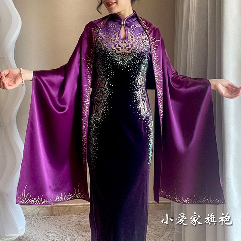 春秋搭配紫色旗袍披肩醋酸缎面婚礼妈妈礼服外搭高端百搭围巾结婚