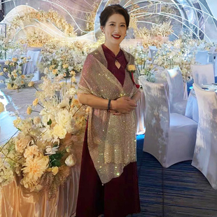 夏季婚礼妈妈喜婆婆披肩旗袍礼服镂空外搭网格长款高端烫钻薄