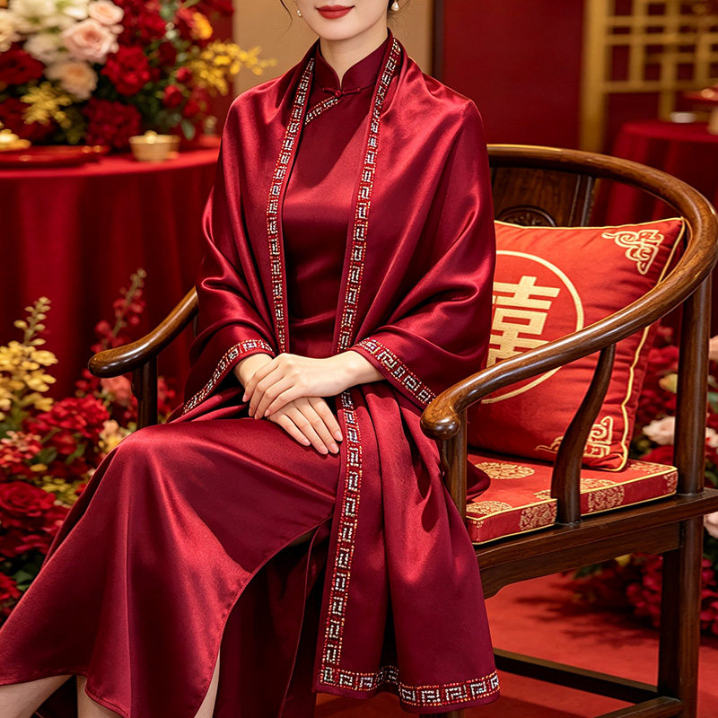 婚礼喜妈妈婆婆旗袍礼服裙子披肩外搭醋酸缎面烫钻高端女士高级感