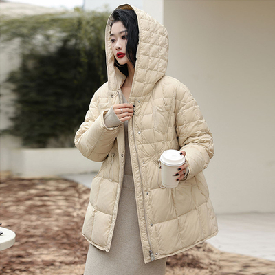 轻薄款中长款羽绒服女冬季新款纯色连帽收腰修身显瘦气