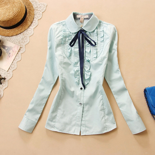 淑女装2023新款韩版学院风蝴蝶结木耳花边长袖衬衫女修身显瘦学生