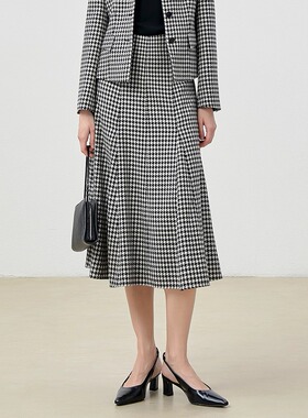 茉莉雅集奢迪复古千鸟格暗纹金银丝精纺羊毛A摆半裙WBQ08019