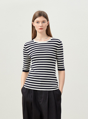 茉莉雅集经典条纹长绒棉莱赛尔坑条中袖修身针织套衫女WZT07169