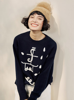 茉莉雅集全羊绒手绣趣味船锚圆领长袖针织套衫秋冬WZT04076