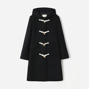 茉莉雅集30羊绒70羊毛双面呢连帽牛角扣大衣WDY07011