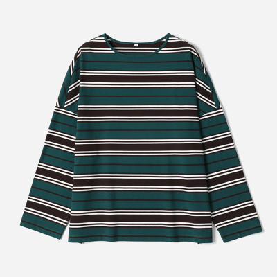 茉莉雅集复古绿咖变化条纹高支全棉廓形长袖T恤女 WTX08142