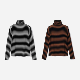 茉莉雅集双面细绒德绒条纹舒适打底衫长袖高领T恤女WTX03181