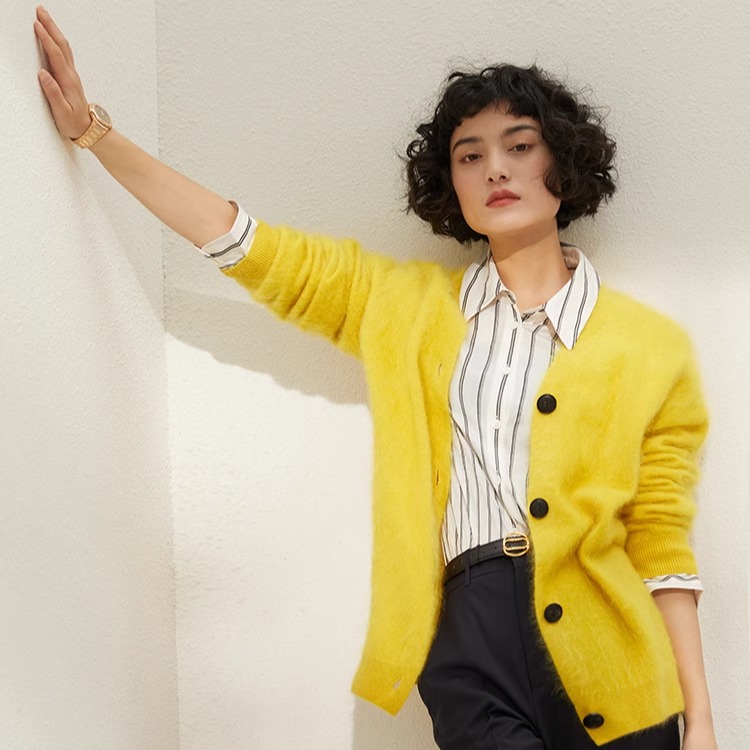 茉莉雅集KVSS拉绒全羊绒随性复古V领针织开衫毛衣 WZK06003