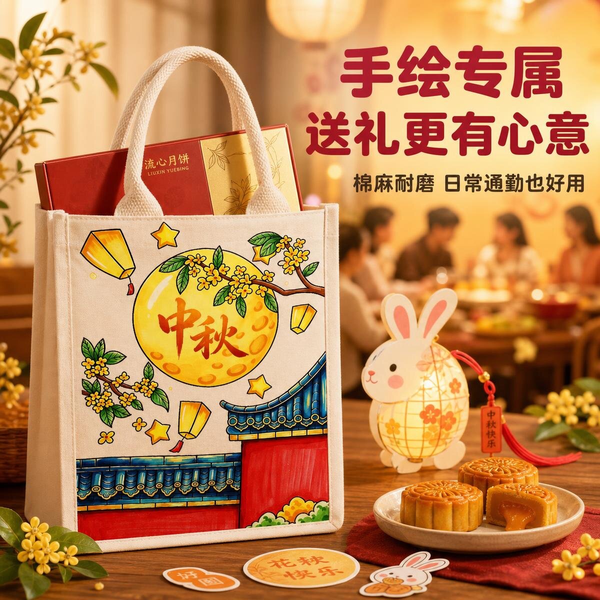 中秋手绘帆布袋DIY材料包环保袋图片