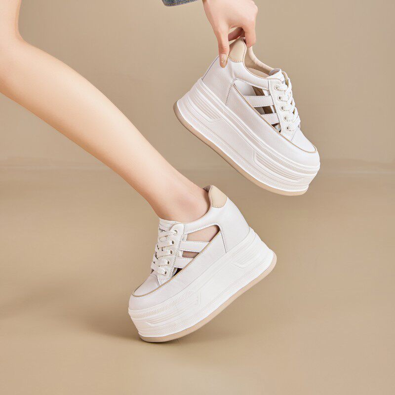 包头真皮凉鞋女2026夏季新款镂空透气小白鞋增高松糕鞋12cm洞洞鞋