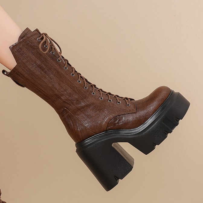 真皮羊皮粗跟12cm马丁靴