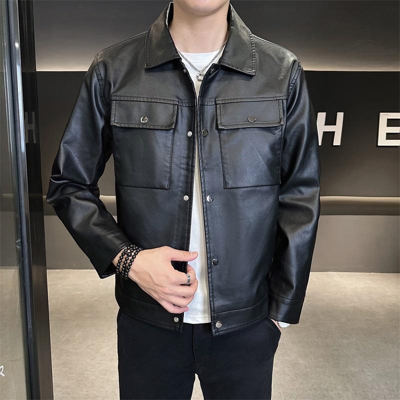 JK685-P100PU皮衣外套男纯色秋冬季翻领修身休闲皮夹克短款,男装皮衣,电商D310B
