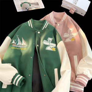 JK27-P75棒球服外套男秋季港风宽松pu仿皮上衣美式拼色夹克痞图片