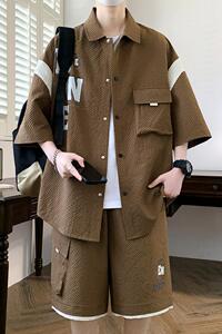 TZ24317-特P55衬衫套装男夏季宽松休闲拼接短袖男士短裤搭配图片
