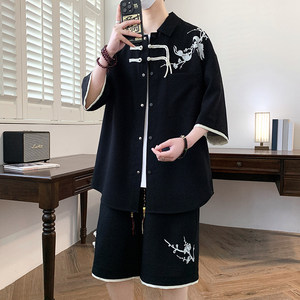 TZ24326-特P60潮衬衫男短袖夏季套装休闲新中式衬衣男中风图片