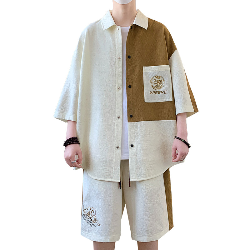TZ24321-特P60短袖男风夏季薄款套装衬衣男士宽松五分裤,男装衬衫,电商D310B