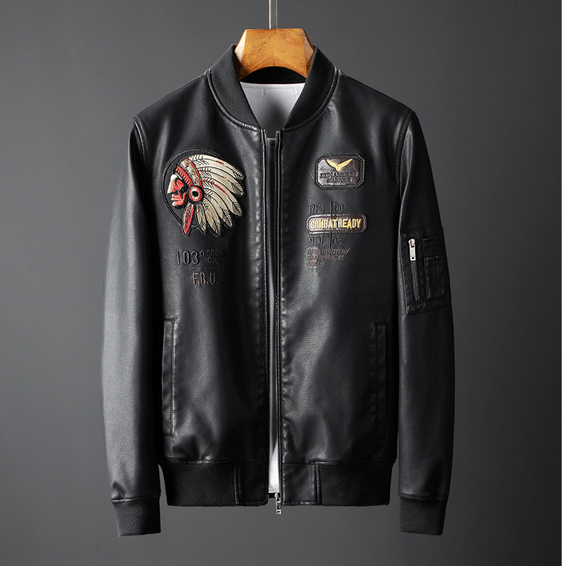 JK035-P110加绒皮夹克重工刺绣立领复古美式机车服潮流时尚PU皮衣图片