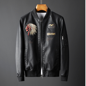 JK035-P110加绒皮夹克重工刺绣立领复古美式机车服潮流时尚PU皮衣图片