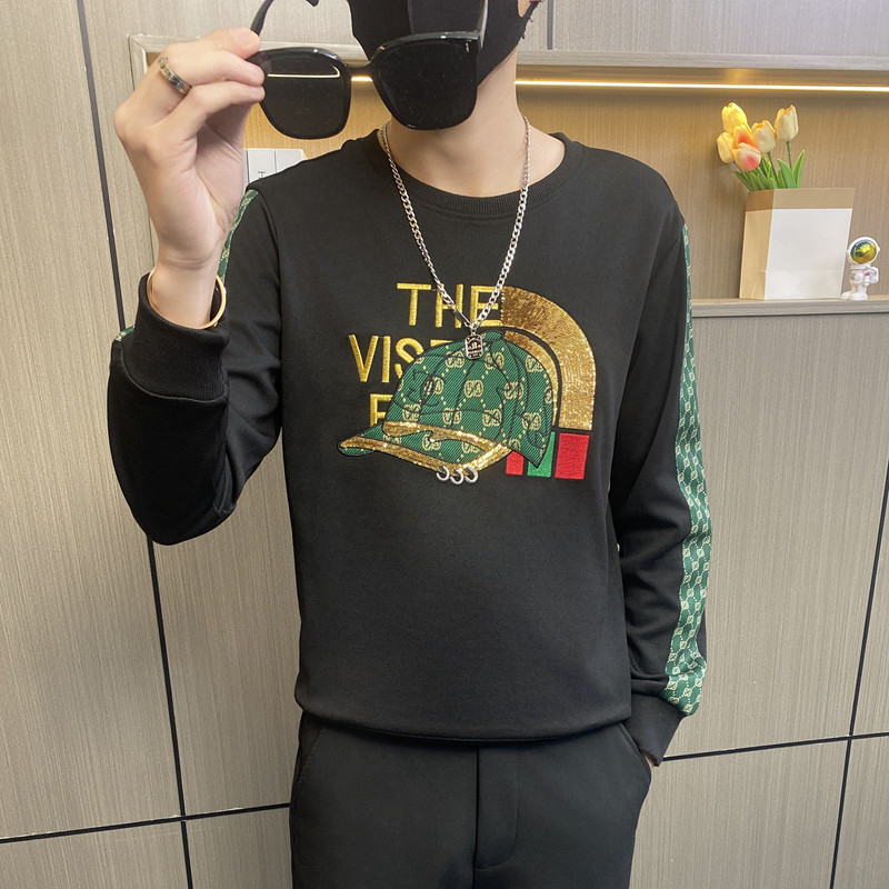 W3406-特P50男士春秋季潮牌亮片烫钻男生欧版社会小伙圆领长袖t恤,男装卫衣,电商D310B