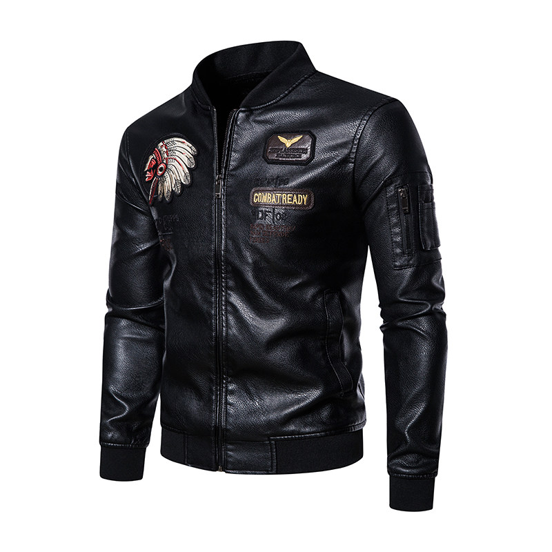 JK035-P110加绒皮夹克刺绣立领复古美式机车服潮流时尚PU皮衣图片