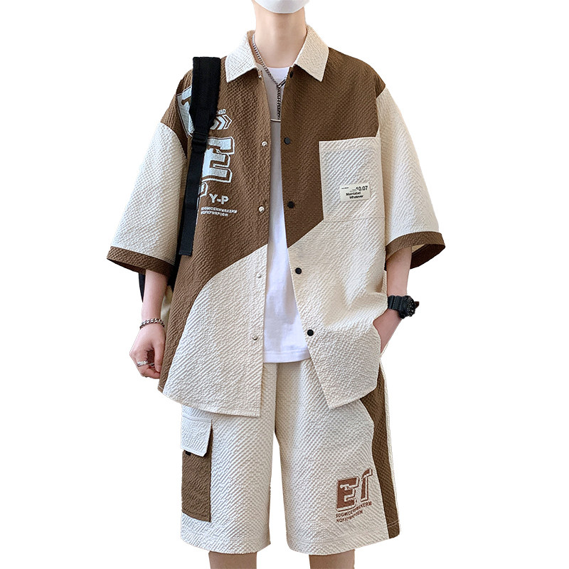 TZ24312-特P55夏季新款潮短袖衬衫男装半袖男士衬衣短裤套装,男装衬衫,电商D310B