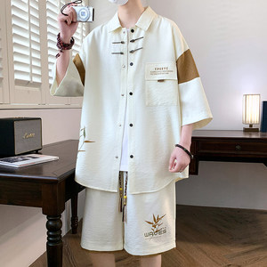 TZ24325-特P60新中式风短袖短裤套装男夏季潮牌休闲衬衫男穿搭