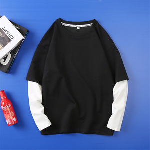 8521-P40假两件长袖T恤男潮牌宽松日系嘻哈拼色卫衣内搭打底衫图片