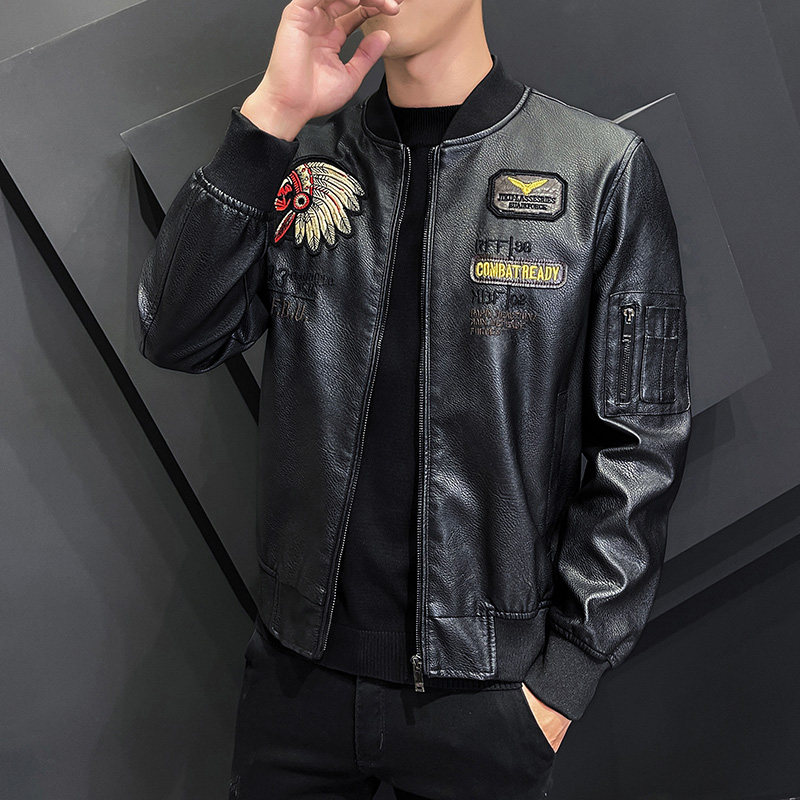JK035-P110秋冬季新款加绒加厚印第安人刺绣棒球领皮衣机车夹克，男装皮衣，电商D310B