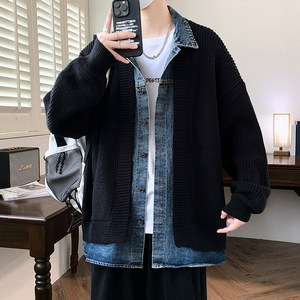 84873-特P78秋冬新款针织开衫毛衣男外套 牛仔拼接假两件外套图片