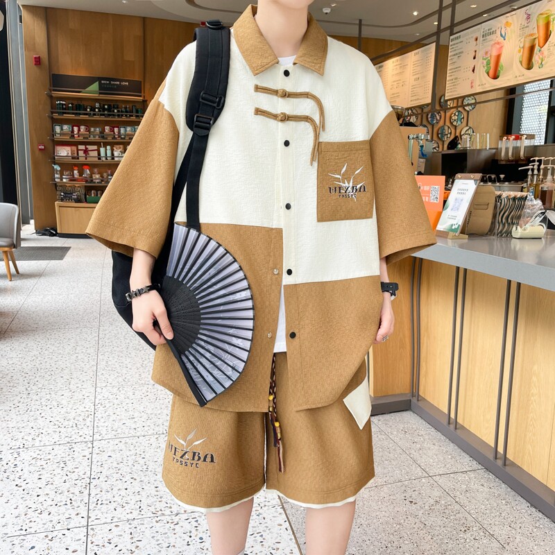 84322-特P60风休闲套装男夏季薄款拼色短袖衬衫运动短裤一套,男装休闲套装,电商D310B
