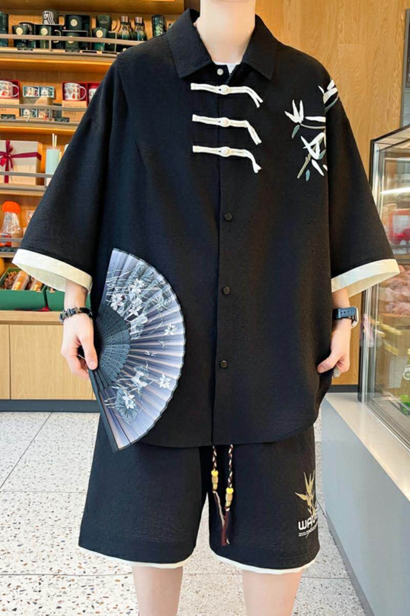 TZ24323-特P60中式编织盘扣短袖衬衫短裤套装运动休闲两件套,男装休闲套装,电商D310B